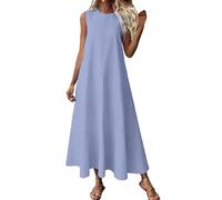 Summer Dresses for Women UK Cotton Linen Round Neck A line Sleeveless Maxi Dress Women's Casual Solid Loose Long Italian Dress with Pockets Ladies Holiday Beach Boho Sundress Light Blue
