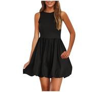 Summer Dresses for Women UK Crew Neck Sleeveless Bubble Dresses Solid Color Elegant Cute A Line Mini Dress Above The Knee Short Dress Going Out Party Dress Mini Sundress Black