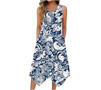 Summer Dresses for Women UK Crew Neck Sleeveless Midi Sundress Loose Flowy Beach Dress Irregular Flare Swing Dress with Pockets Summer Casual Print Vacation Tank Dress A Line Cocktail Party Dress