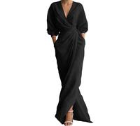 Summer Dresses for Women UK, Extra Long Dress V Neck Long Sleeve Ruffle Tie Waist Asymmetric Slit Elegant Dress