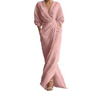 Summer Dresses for Women UK, Extra Long Dress V Neck Long Sleeve Ruffle Tie Waist Asymmetric Slit Elegant Dress