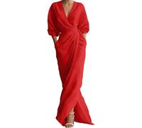 Summer Dresses for Women UK, Extra Long Dress V Neck Long Sleeve Ruffle Tie Waist Asymmetric Slit Elegant Dress