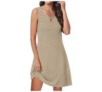 Summer Dresses for Women UK Eyelet Sleeveless Tank Dress Knee Length Casual Tunic Dress Solid Plain Crewneck Basic Pullover Vest Dress Holiday Beach Boho Sundress Fashion Khaki