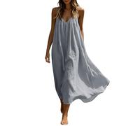 Summer Dresses for Women UK, Fashion Cotton Sleeveless Summer Dress Breathable Spaghetti Strap Beach Dresses Casual Elegant Plus Size Sundress Comfortable Solid A Line Swing Dress Holiday Loose Fit