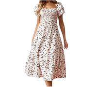 Summer Dresses for Women UK Floral Boho Midi Dress Casual Tunic Dress Short Sleeve Square Neck Milkmaid Dress Flower A-line Dress Baggy Beach Long Dress Summer Sundress Khaki