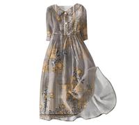 Summer Dresses for Women Uk Lapel 3/4 Sleeve Maxi Dresses Button Down Floral Print Shirt Dresses Casual Dresses a Line Ladies Dresses Pleated Wedding Guest Dresses Drawstring Boho Dresses