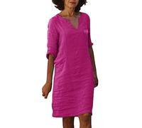 Summer Dresses for Women UK Linen Formal A-Line Dresses Women's 1/2 Sleeve Knee-Length Causal Sun Dress Ladies Relaxed-Fit Plain V-Neck Swimwear Womens Boho Dresses Hot Pink,M