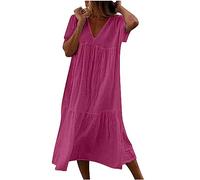 Summer Dresses for Women UK Long White Wool Cotton Dress V Neck Summer Cheap Plus Size Retro Maxi Loose Solid Color Bohemian Mid-Length Gowns for Party Beach Holiday