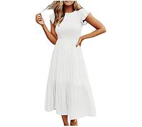 Summer Dresses for Women UK Maxi Casual Smocked Ruffle Sleeve Dress Crew Neck Elastic Waist Tiered Long Ladies Dresses Solid Color Bohemian Dress for Home Vacation Beach Wedding A White