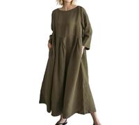 Summer Dresses for Women UK Maxi Long Sleeve Flowy Casual Beach Dress Womens Shirt Boho Fancy with Pockets White Linen Goth Dress Easy Wrap Beach Women's Black and White Dresses Army Green,M