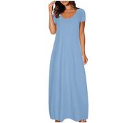 Summer Dresses for Women UK Midi Casual Short Sleeve Swing Long Dress Scoop Neck Flowy Sundress with Pockets for Beach Holidays Prime of Day Sky Blue