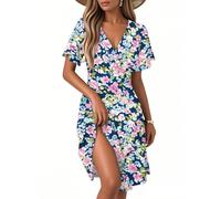 Summer Dresses for Women UK Midi Short Sleeve Flowy Casual Beach Dress Wrap Wedding Guest Womens White Evening Navy Blue Womens Summer Dress Plus Size Gothic Cotton Sundress 4-Multicolor,XL