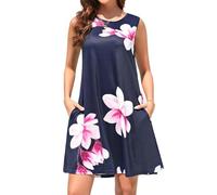 Summer Dresses for Women UK O Neck Sleeveless Fit Stretch Flare Flowy Print Tunic Tank Knee Length Dresses Hawaii Flattering Shift with Pockets Tank Dress Goinig Out Dress