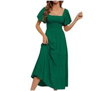 Summer Dresses for Women UK Off Shoulder Casual Maxi Dresses Flowy Tiered Beach Dress Ladies Swing Holiday Loose Bohemian Dresses Elastic Square Neck Short Sleeve Long Dress for Night Out Party