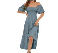 Summer Dresses for Women UK Off Shoulder Casual Maxi Dresses Flowy Tiered Beach Dress Ladies Swing Holiday Loose Bohemian Dresses Elastic Square Neck Short Sleeve Long Dress for Night Out Party