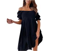 Summer Dresses for Women UK Off Shoulder Casual Maxi Dresses Flowy Tiered Beach Sundress Ladies Swing Holiday Loose Bohemian Sundress Elastic Square Neck Short Sleeve for Night Out Party
