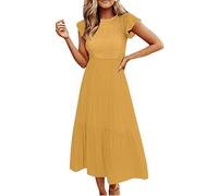 Summer Dresses for Women UK Plus Size Casual Maxi Ruffle Sleeve Dress Crew Neck Elastic Waist Tiered Long Ladies Dresses Solid Color Bohemian Dress for Home Vacation Beach Wedding