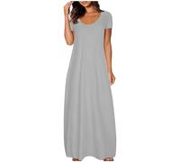 Summer Dresses for Women UK Plus Size Casual Short Sleeve Swing Long Dress Scoop Neck Flowy Sundress with Pockets for Beach Holidays Prime of Day Deals Today 2025 Clearance Grey