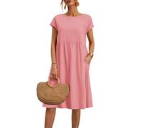 Summer Dresses for Women UK Plus Size Cotton Linen Sundress Short Sleeve Beach Swing Ladies Dresses Solid Color Midi Dress with Pockets Round Neck Boho Flowy Dress for Casual Daily Holiday Party