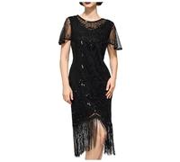 Summer Dresses for Women Uk Plus Size, Skirts for Women Uk Sundresses Flapper 1920s Lace Neck Great Roaring 20s Costumes With Sleeve For Harlem Nights/Cocktail/Party (Black XL)
