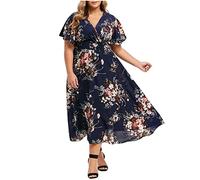 Summer Dresses for Women UK Plus Size V Neck Ruched Chiffon Dress Short Sleeve Calf Length Dress Floral Printed Casual Dress Ladies Loose Party Elegant Office Work Dresses Summer Beach Holiday Dress