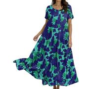 Summer Dresses for Women UK Plus Size, Womens Dresses Casual Plus Size Bohemian Short Sleeve Floral Long Maxi Summer Beach Holiday Swing Dress 30th Birthday Gifts for Women,Dark Green,XXL,u340k