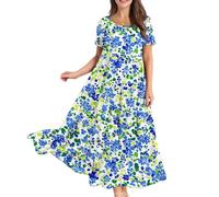 Summer Dresses for Women UK Plus Size, Womens Summer Long Dresses Casual Short Sleeve Crew Neck Maxi Sundress Ladies Loose Tshirt Dress Boho Floral Beach Sundresses Gifts for Mum,Royal Blue,XXL,u88k