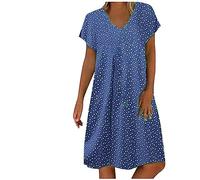 Summer Dresses for Women UK Sale Clearance Cotton Linen Dress Plus Size Beach Midi Dresses Vintage Short Sleeve V Neck Dress Loose Casual Party Dress A-line Swing Holiday Sundress S-3XL Blue