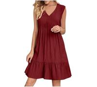 Summer Dresses for Women UK Sale Clearance Sleeveless Sexy V Neck Above The Knee Swing Dress Ruched Pleated High Waisted Ruffle Dress Ladies Loose Baggy Solid Plain Sundress Summer Beach Dresses Wine