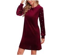 Summer Dresses for Women UK Sale Clearance Vintage Velvet Dress Round Neck Long Sleeve Knee Length Dresses Casual Loose Fit Dress Elegant Bridesmaid Dress Ladies Solid Color Plus Size Dress Size 8-16