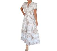Summer Dresses for Women UK Sale Clearance Women's Vintage Floral Print Dress V Neck Short Sleeve High Waist Long Dress Long Sleeve Tunic Dress Prom Dress Beach Dress Summer Smocked Sundress S-3XL