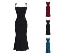 Summer Dresses for Women UK Sexy Sleeveless Bodycon Pencil Long Dresses Spaghetti Strap Ruched Solid Slim Fit Y2K Fishtail Evening Party Cocktail Maxi Dress Black