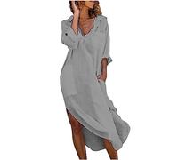 Summer Dresses for Women UK Shift Dresses Cotton and Linen 3/4 Sleeve V Neck Split Long Dresses Solid Colour Elegant Shirt Dress Gray