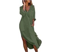 Summer Dresses for Women UK Shift Dresses Cotton and Linen 3/4 Sleeve V Neck Split Long Dresses Solid Colour Elegant Shirt Dress Army Green