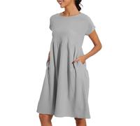 Summer Dresses for Women UK Short Sleeve Round Neck Cotton Dresses Elegant Lightweight Knee Length Dress Solid Color Casual Beach Dress Ladies Comfy Sundress Party Holiday Vacation Silver