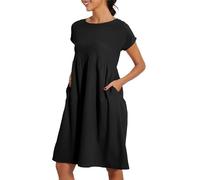 Summer Dresses For Women UK Short Sleeve Round Neck Cotton Dresses Elegant Lightweight Knee Length Dress Solid Color Casual Beach Dress Ladies Comfy Sundress Party Holiday Vacation