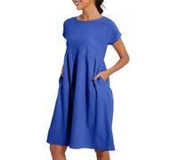 Summer Dresses For Women UK Short Sleeve Round Neck Cotton Dresses Elegant Lightweight Knee Length Dress Solid Color Casual Beach Dress Ladies Comfy Sundress Party Holiday Vacation