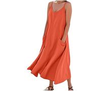 Summer Dresses for Women UK Sleeveless Cotton Linen Long Dress Spaghetti Straps Camisole Boho Flowy Maxi Dresses Plus Size Loose Comfy Beach Vacation Sundress with Pockets