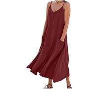 Summer Dresses for Women UK Sleeveless Cotton Linen Long Dress Spaghetti Straps Camisole Boho Flowy Maxi Dresses Plus Size Loose Comfy Beach Vacation Sundress with Pockets