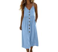 Summer Dresses for Women UK, Sleeveless Fashion Cotton Summer Dress Breathable Spaghetti Strap Beach Dresses V Neck Casual Elegant Sundress Button Down Solid A Line Midi Dress Holiday with Pockets