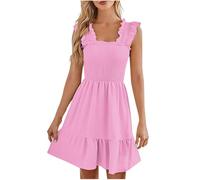 Summer Dresses for Women UK Solid Color Square Neck Midi Dress Casual Tunic Bandeau Cami Dress Thick Strap Ruffle Hem A-line Dress Baggy Beach Long Dress Hawaiian Sundress Pink