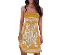 Summer Dresses for Women UK Strapless Boho Floral Print Sundress Tube Top Dress Beach Cover Ups Smocked Strapless Boob Tube Bandeau Casual Mini Dress A Line Flowy Sundresses
