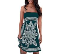 Summer Dresses for Women UK Strapless Boho Floral Print Sundress Tube Top Dress Beach Cover Ups Smocked Strapless Boob Tube Bandeau Casual Mini Dress A Line Flowy Sundresses