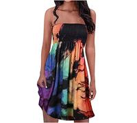 Summer Dresses for Women UK Strapless Boho Floral Print Sundress Tube Top Dress Beach Cover Ups Smocked Strapless Boob Tube Bandeau Casual Mini Dress A Line Flowy Sundresses
