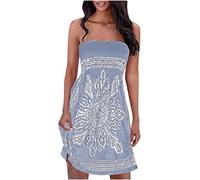 Summer Dresses for Women UK Strapless Boho Floral Print Sundress Tube Top Dress Beach Cover Ups Smocked Strapless Boob Tube Bandeau Casual Mini Dress A Line Flowy Sundresses
