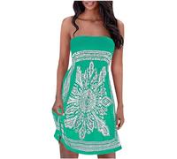 Summer Dresses for Women UK Strapless Boho Floral Print Sundress Tube Top Dress Beach Cover Ups Smocked Strapless Boob Tube Bandeau Casual Mini Dress A Line Flowy Sundresses
