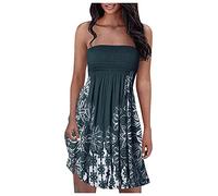 Summer Dresses for Women UK Strapless Dress Boobtube Tops Dress Beach Cover Ups Sexy Floral Sundress High Waist Sleeveless Shirring Bandeau Beach Dress Summer Casual Boho Swing Mini Dress