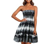 Summer Dresses for Women UK Strapless Dress Boobtube Tops Dress Beach Cover Ups Sexy Floral Sundress High Waist Sleeveless Shirring Bandeau Beach Dress Summer Casual Boho Swing Mini Dress
