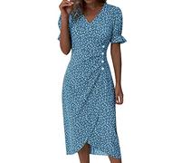 summer dresses for women uk, Summer Dresses for Women UK 2025 Boho Causal Short Sleeve Vacation Floral Button Linen Dress with Pockets Ladies Maxi Printing Party Club Elegant Beach Dresses Blue L