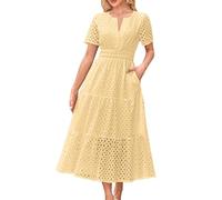 Summer Dresses for Women UK V Neck Hollow Out Eyelet Ruffle Swing A Line Cotton Long Dress Wedding Guest Dress Short Sleeve Casual Boho Flowy Beach Vacation Evening Dresses